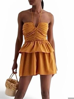 Express Mustard Ruched Strapless Peplum Romper